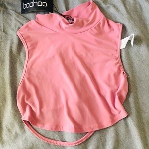Pink high neck strappy back crop top
